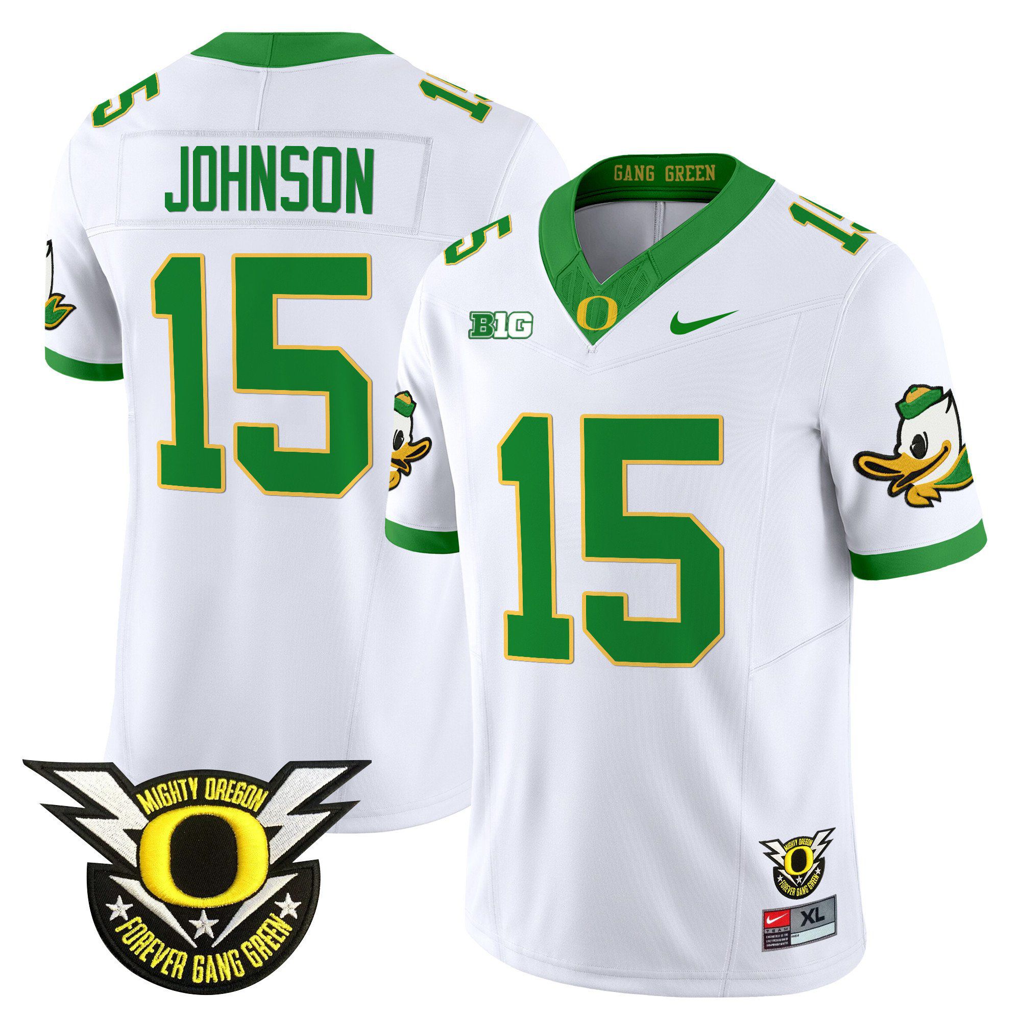 Men Oregon Ducks #15 Johnson White 2024 Nike Forever Gang Green & BIG Patch Vapor Limited NCAA Jersey->indianapolis colts->NFL Jersey